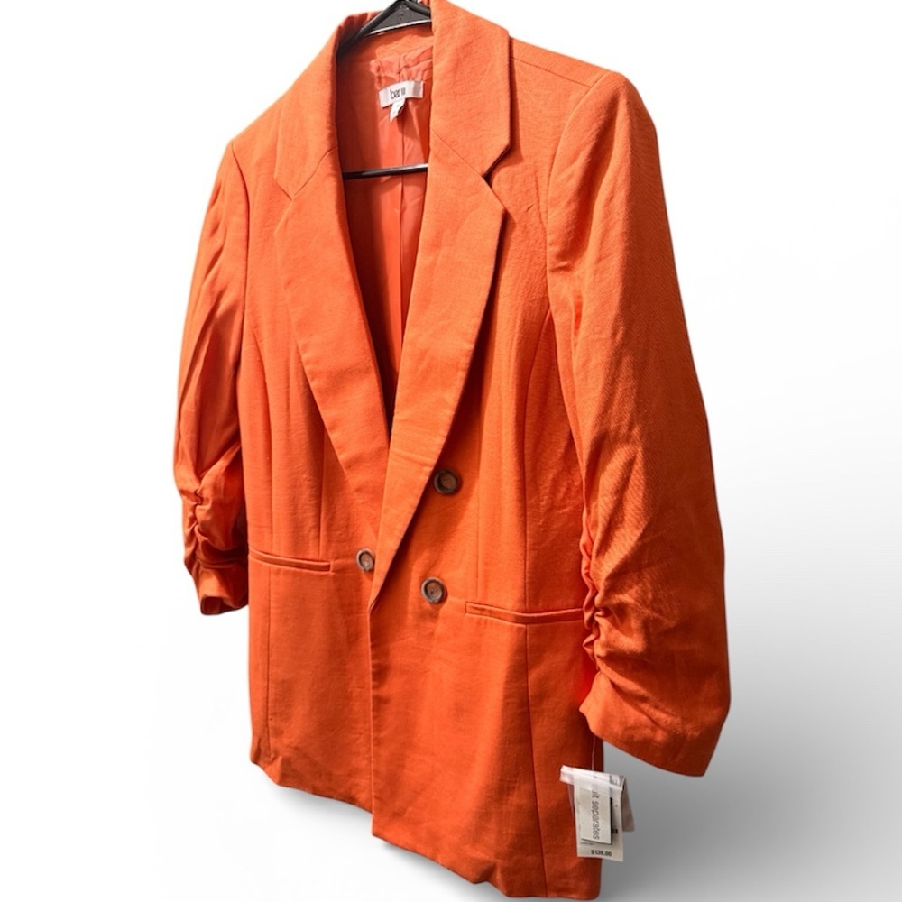 Bar III, Orange Blazer Linen Blend with Ruched 3/4 Sleeve, Size M (NWT) - Picture 2 of 6